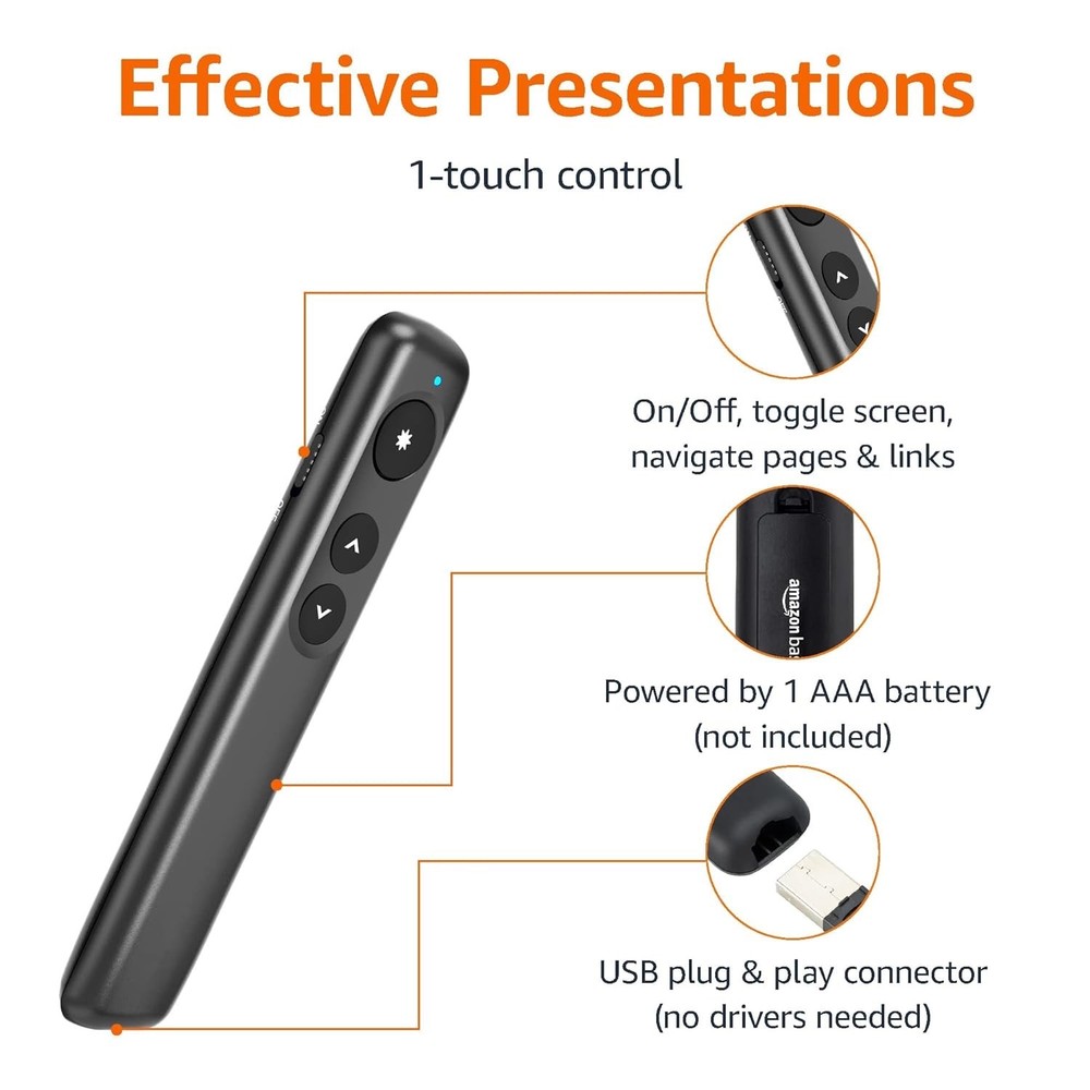 Amazon Basics Wireless Presenter Remote Clicker Red Laser 2.4GHz USB Plug & Play