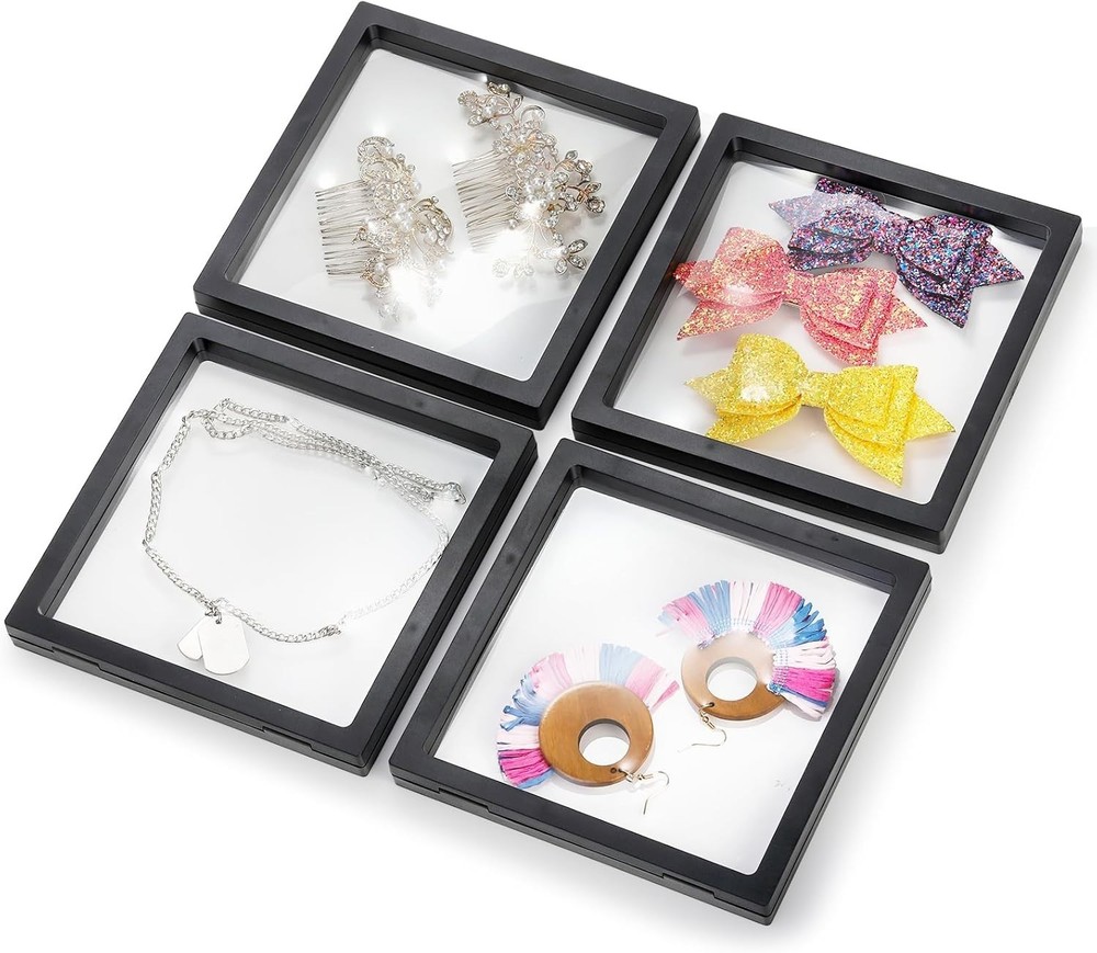 8 Pack Large 3D Floating Display Case, 6" Black Rock Display Frames with Stan...