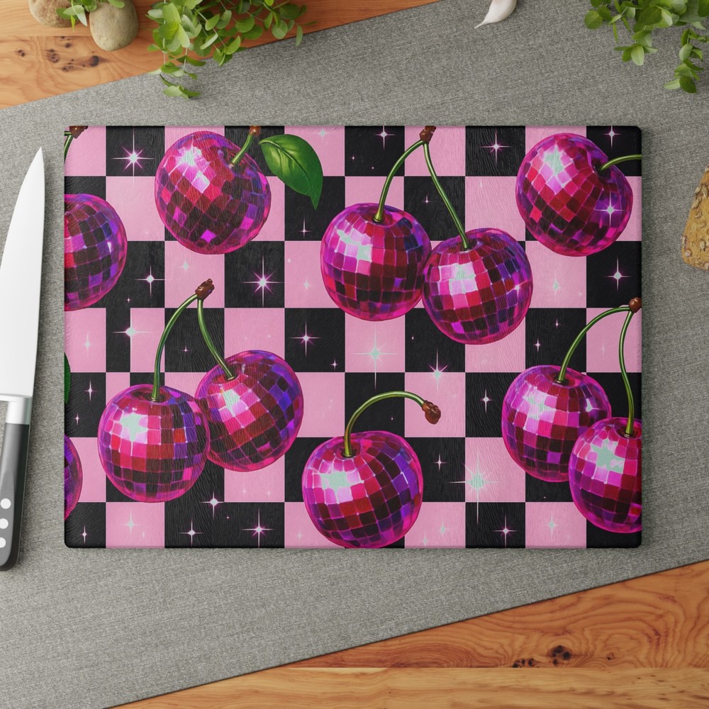 Disco Cherry Glass Cutting Board, Kitchen Decor, Fun Checkered Board Y2K