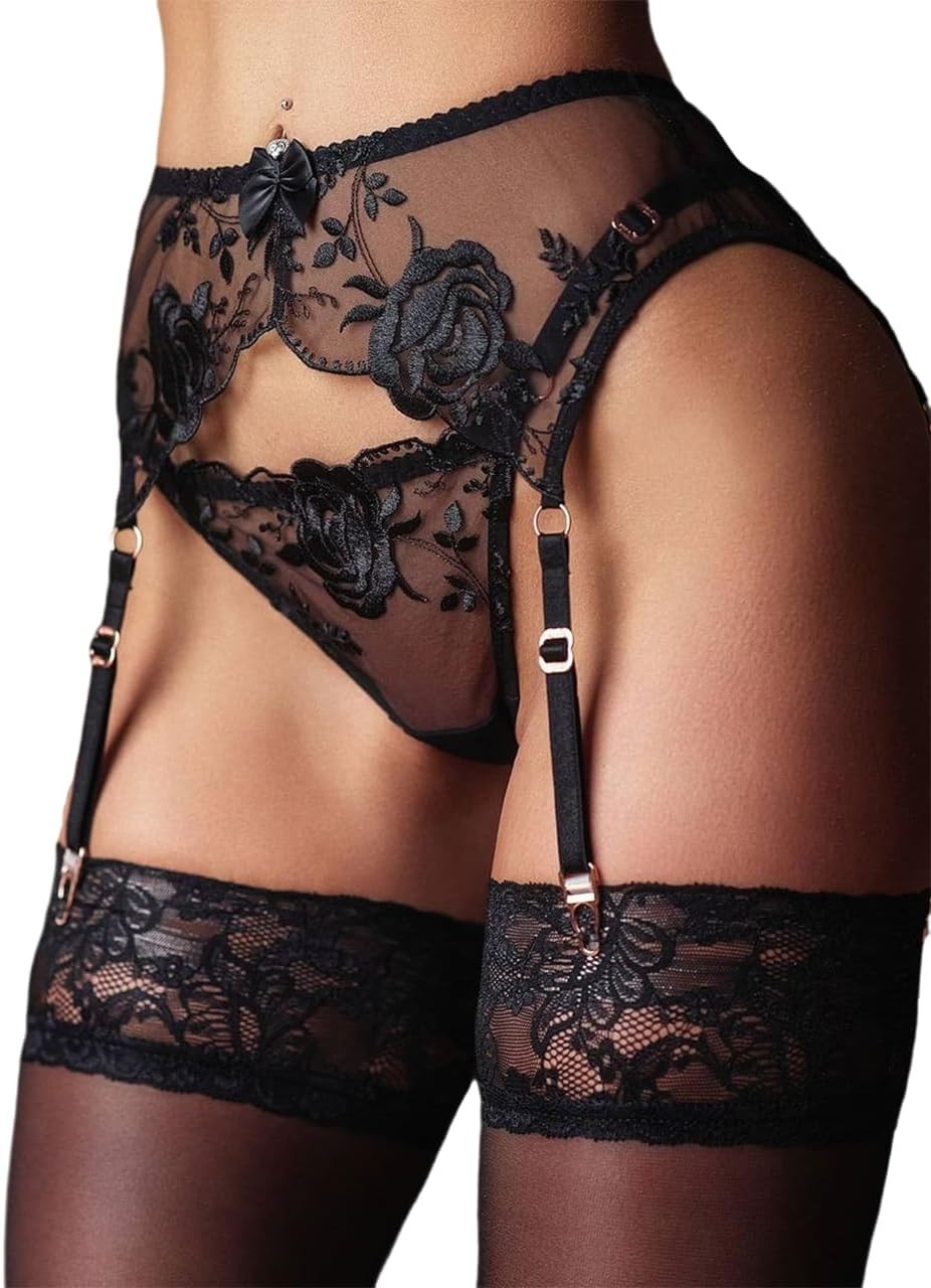 Lace Garter Belt Thong Set for Women Suspender Lingerie with 4 Metal Clips Holde