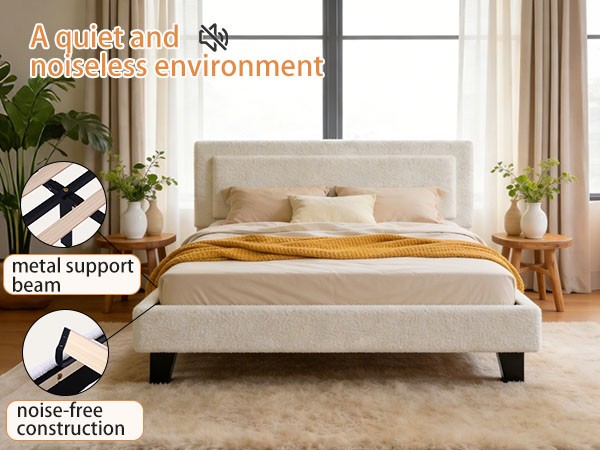 Bed Frame Full Size Upholstered Bed Frame with Adjustable Headboard Solid Wood