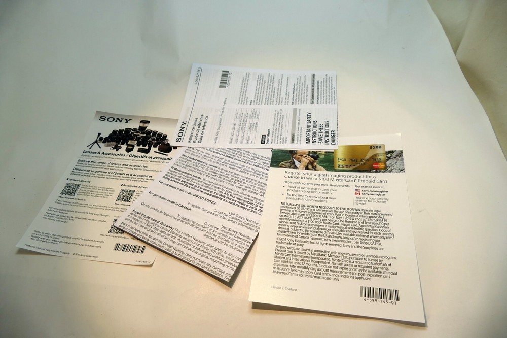 Sony A7R 2019 Accessory Reference guide brochure miscellaneous paperwork