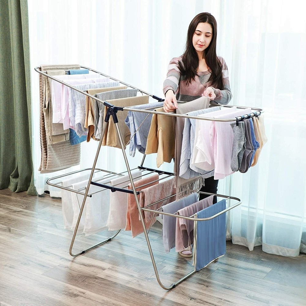 Foldable 2Level Stable Indoor Airer Clothes Drying Rack Free-Standing Adjustable