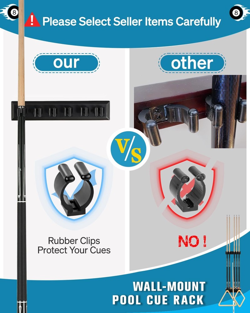 EXTCCT Pool Cue Rack Stick Holder - Wall Mount Billiards Black