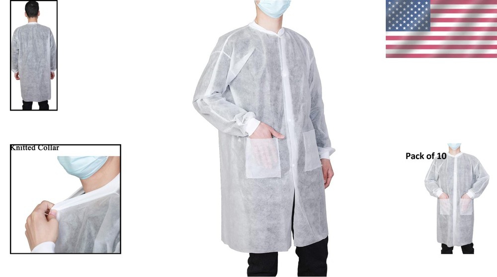 Disposable Lab Coats 10-Pack, Knee Length, White, 2 Pockets