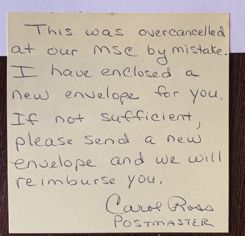 INTERESTING US COVER WITH NOTE FROM POSTMASTER EXPLAINING MISTAKE CANCEL