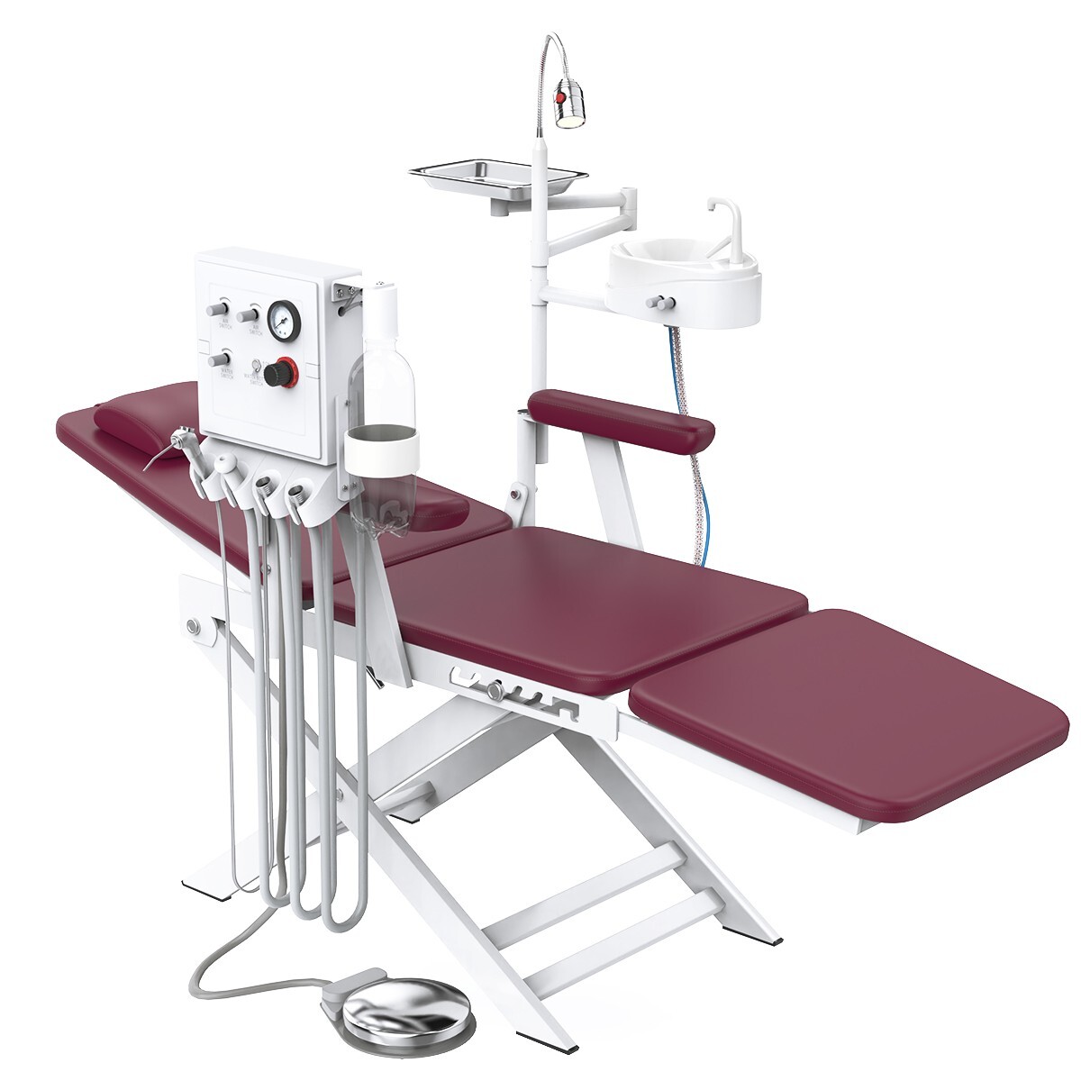 Portable Dental Folding Chair+LED Light+Air Turbine Unit+Weak Suction Burgundy