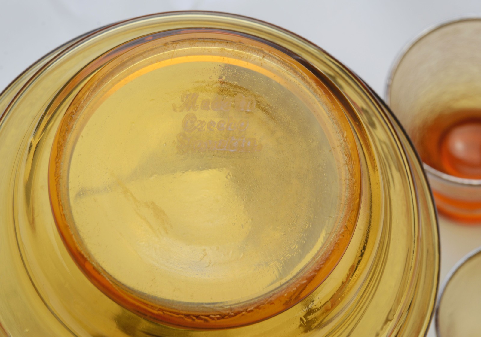 Czecho Slovakian Silver and Enameled Amber Glass Decanter Set 4 Cordials 1920s