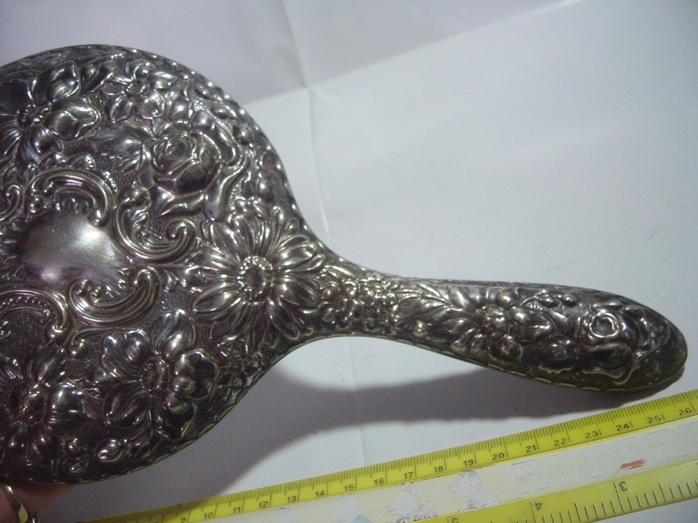SPECTACULAR- SILVER OR PLATED ?- LARGE ELEGANT HAND HELD MIRROR-SUPERB DESIGN