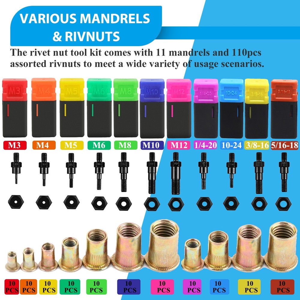 16" Rivet Nut Tool Kit w/ 11PC Metric & SAE Mandrels Thread Setting Tool Setter