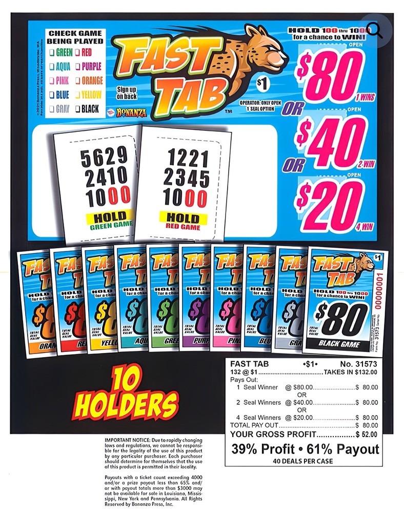 Pull Tab Ticket - Hard Card - Game- 6 Pack - Fast Tab - 132 ct ea