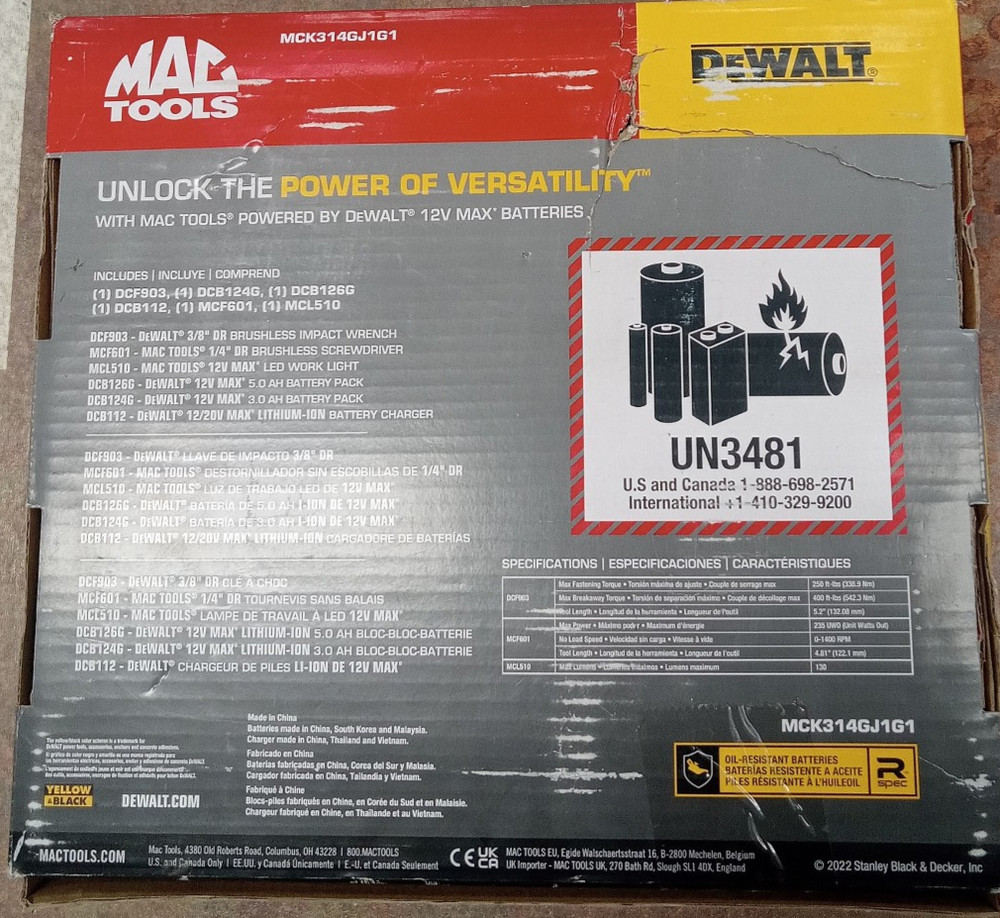 12V MAX MAC & DEWALT 3 Tool Combo Kit w/Impact, Screwdriver & Light
