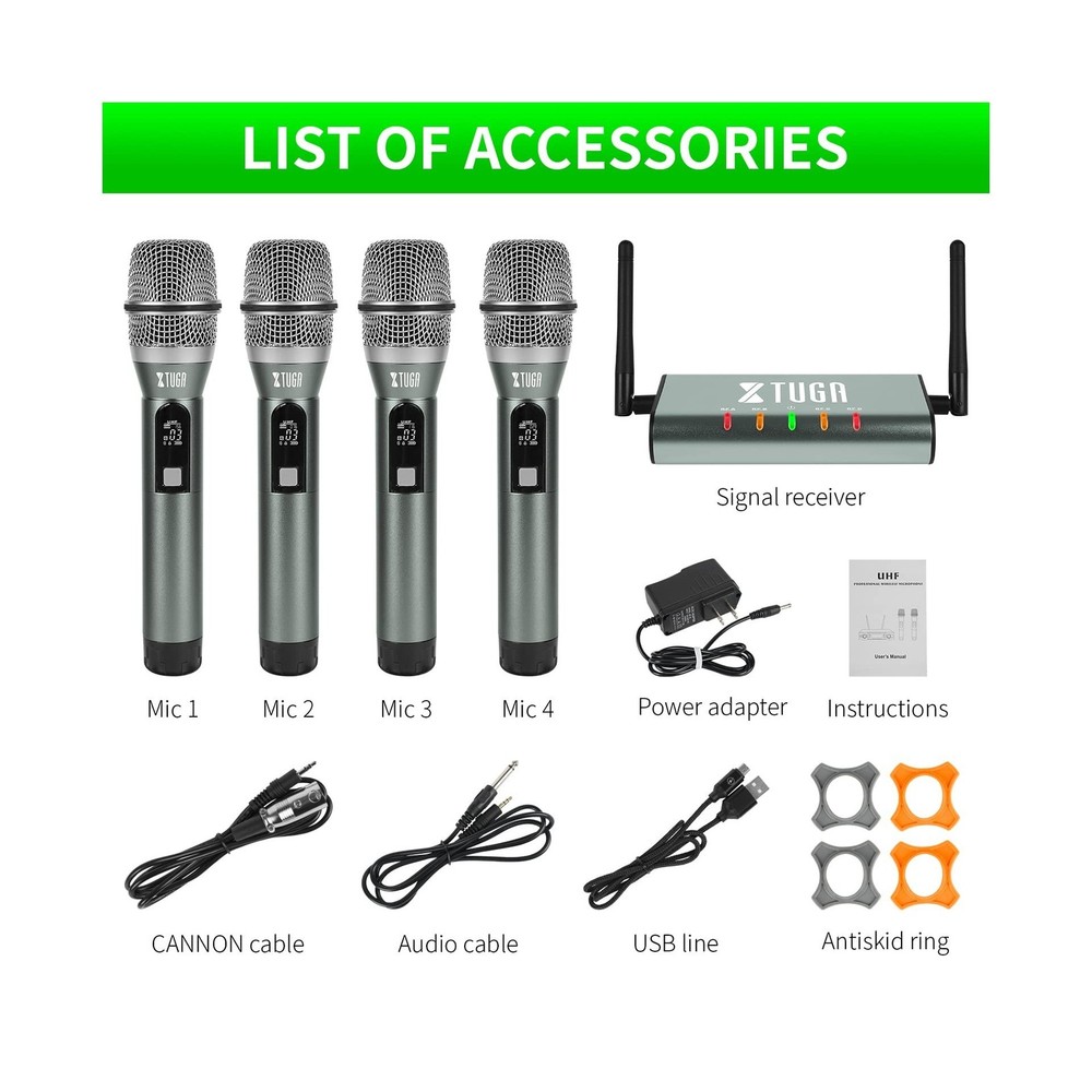 XTUGA UF4600 4 Channel UHF Wireless Microphone System Cordless Microphone wit...