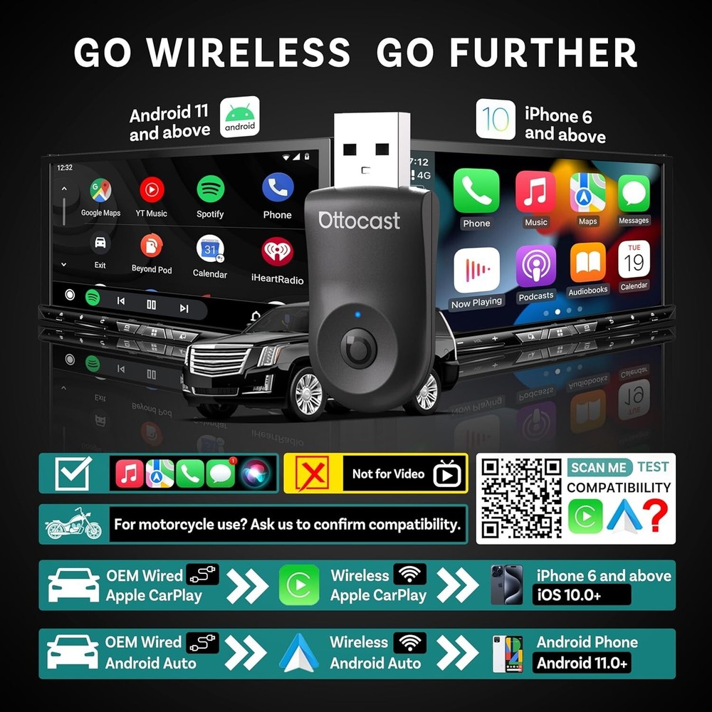Ottocast Mini Wireless CarPlay+Android Auto Adapter w/Smart One-Click Button *US