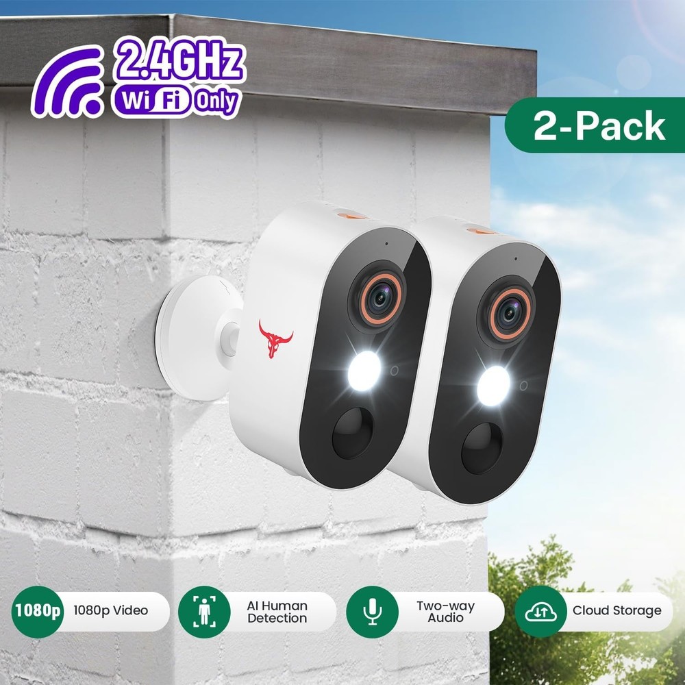 2 Pack Wireless Security Camera System Smart Night Vision Outdoor WiFi Cameras