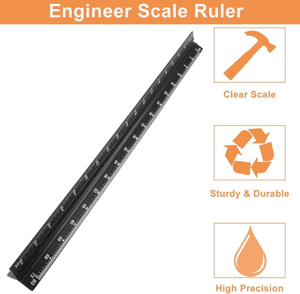 12" Metal Engineer Scale Ruler Triangular Drafting Tool 6 Scales Aluminum