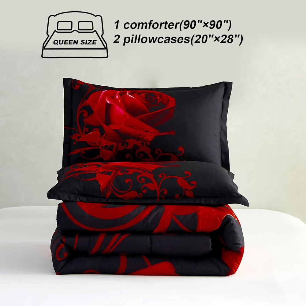 Red Comforter Set Queen Reversible Red Rose Pattern Printed Bedding down Comfort