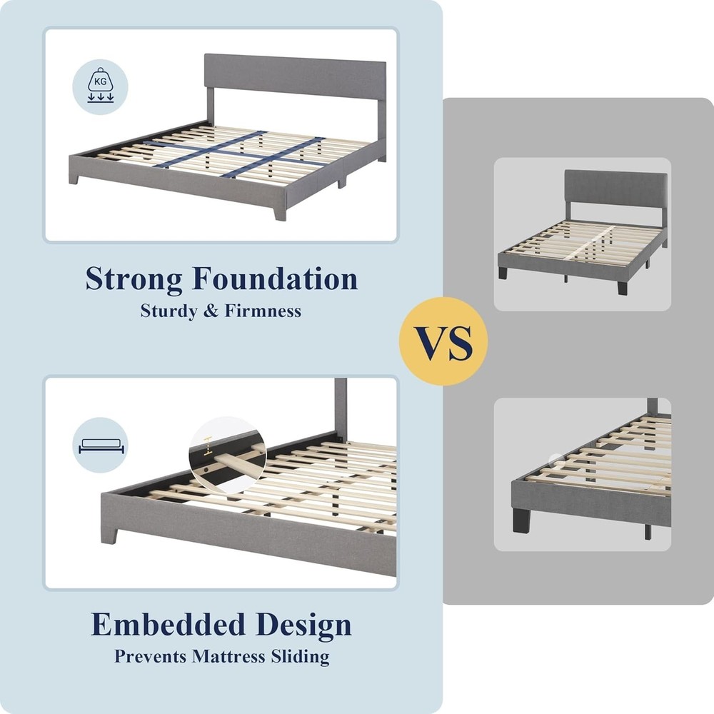 Sleek Linen Upholstered King Bed Frame, Adjustable Headboard