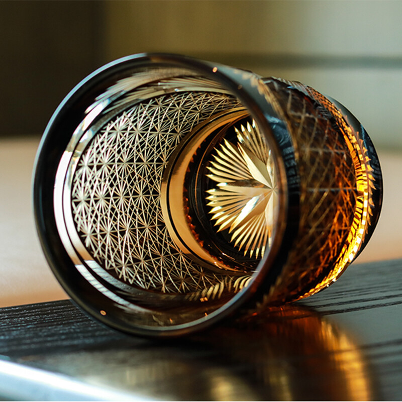 Hand blown hand cut whiskey glasses color overlay glass gifts amber black 9 Ozs