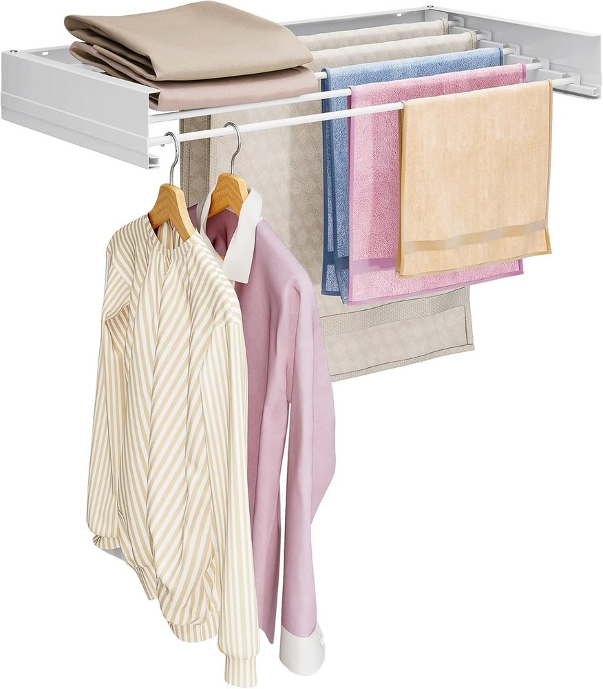 Wall Mounted Clothes Drying Rack Retractable Foldable Laundry Towel Rail White