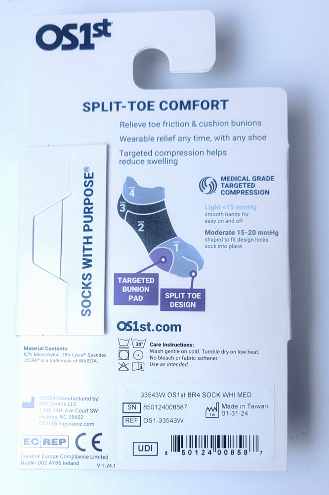 OS1st BR4 Bunion Relief Socks White L