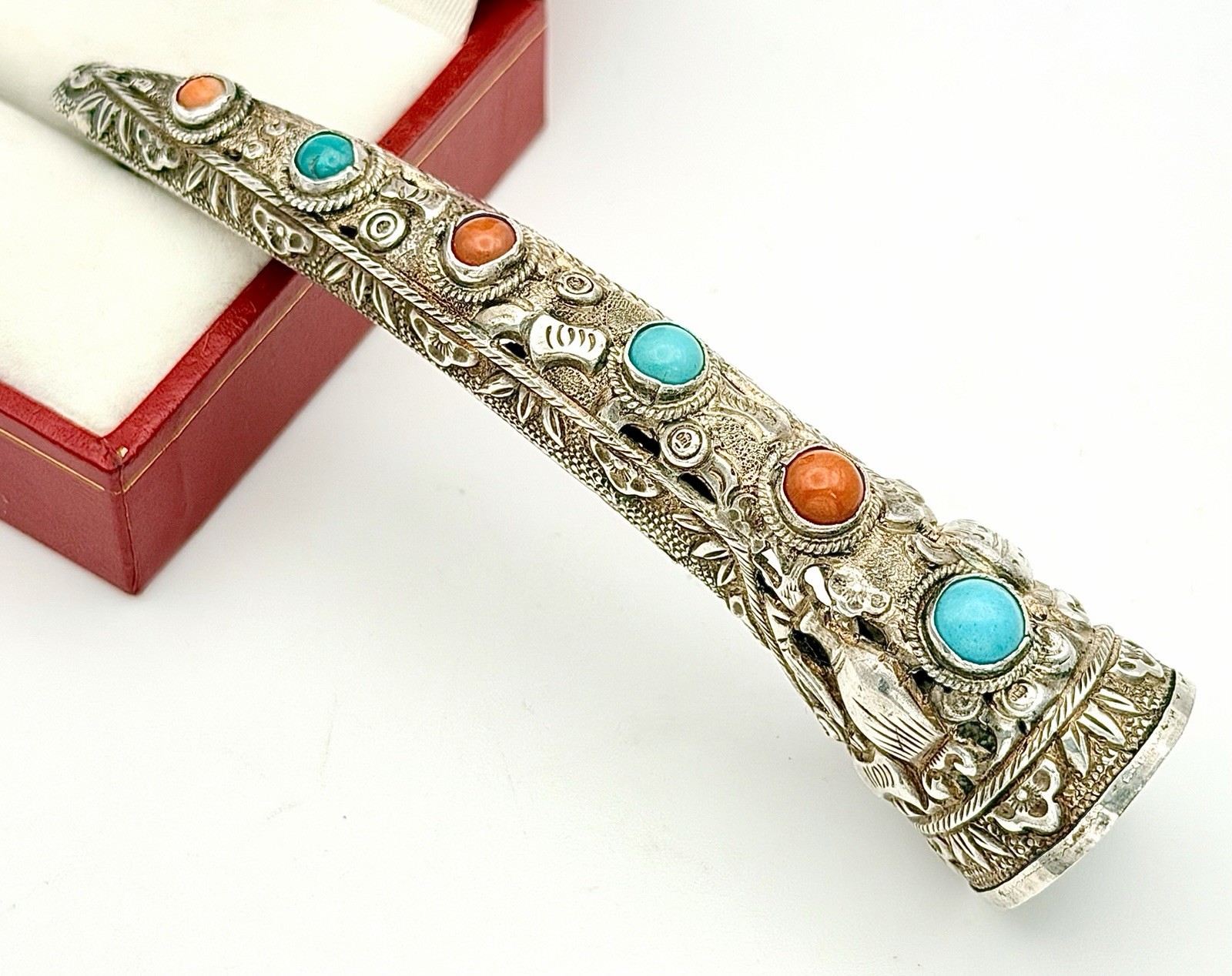 Antique Silver Chinese Finger Nail Guard / Protector Pin Rare Coral & Turquoise