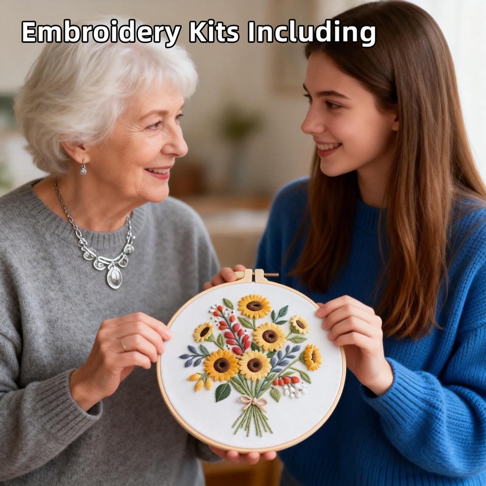 Beginner Embroidery Kit Flower Pattern w/ Hoop Threads Needles DIY Sewing Set