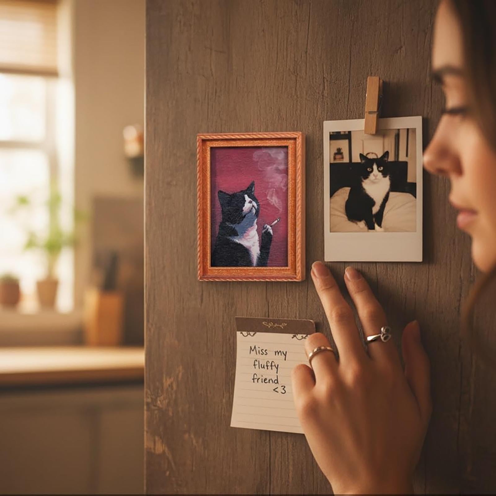 2PCS Refrigerator Magnets Wooden Rebellious Cat Smoking Art Print Fridge Magnets