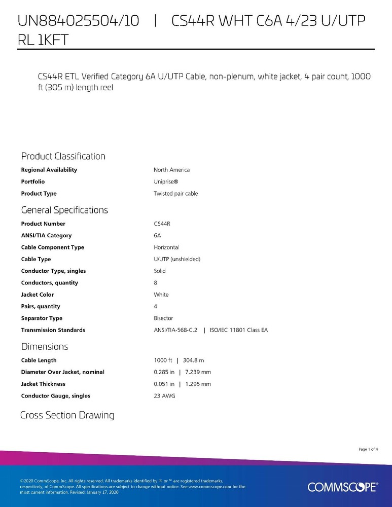 Commscope CS44R Cat6A U/UTP Network Ethernet 10G 10Gig Cable Riser White /100ft