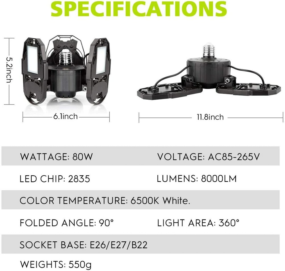 Strong Triburst Multi-Directional 8000 Lumen Super Bright LED Light Deformable