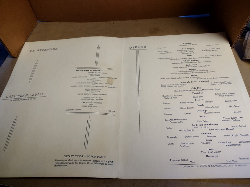 Moore McCormick Lines SS Argentina Dinner Menu
