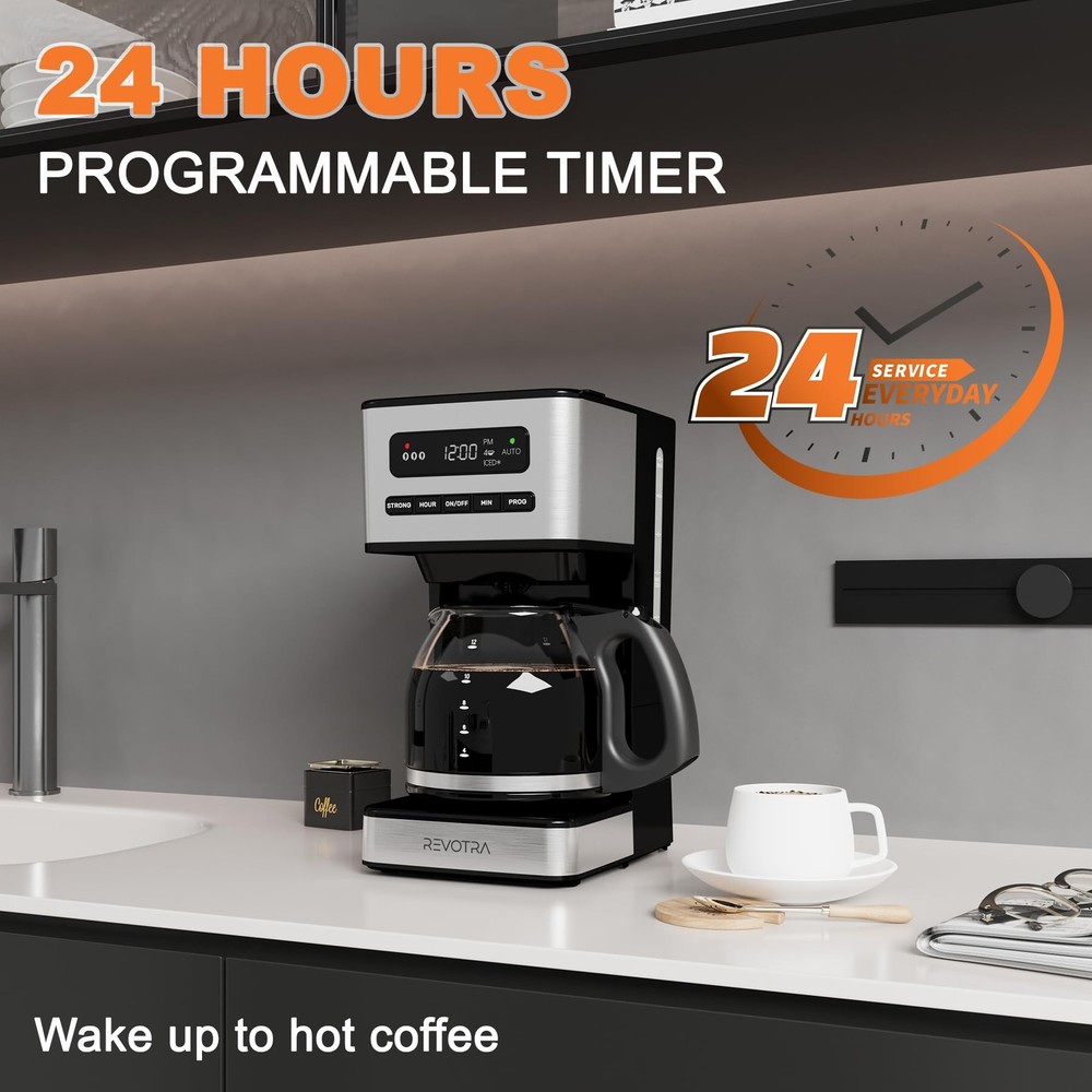 REVOTRA 12-Cup Programmable Coffee Maker, Regular & 12 Cup, Silver/Black