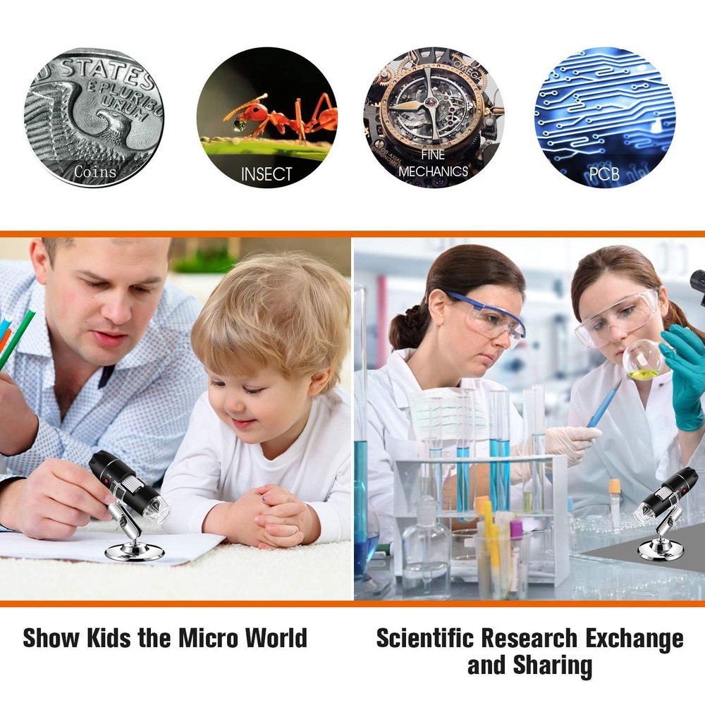 USB Digital Microscope 40X to 1000X, 8 LED Magnification Endoscope Camera wit...