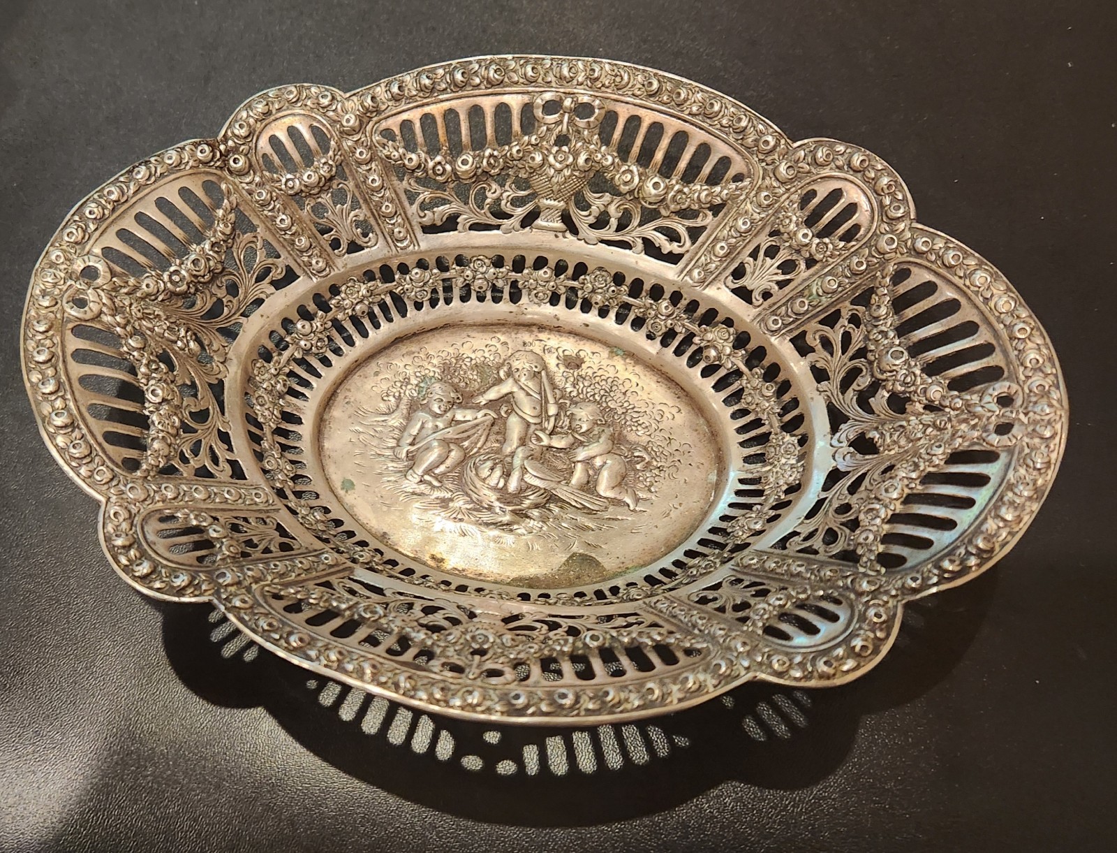 Germany 800 Silver Repousse Openwork Reticulated 7.5" Oval Bowl ~ Cherubs