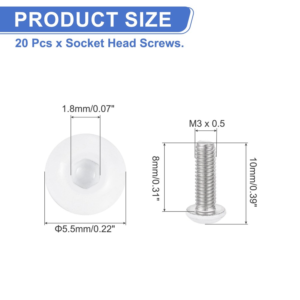 20 Pcs M3-0.5 x 8mm Button Head Socket Cap Screw Machine Screw, White