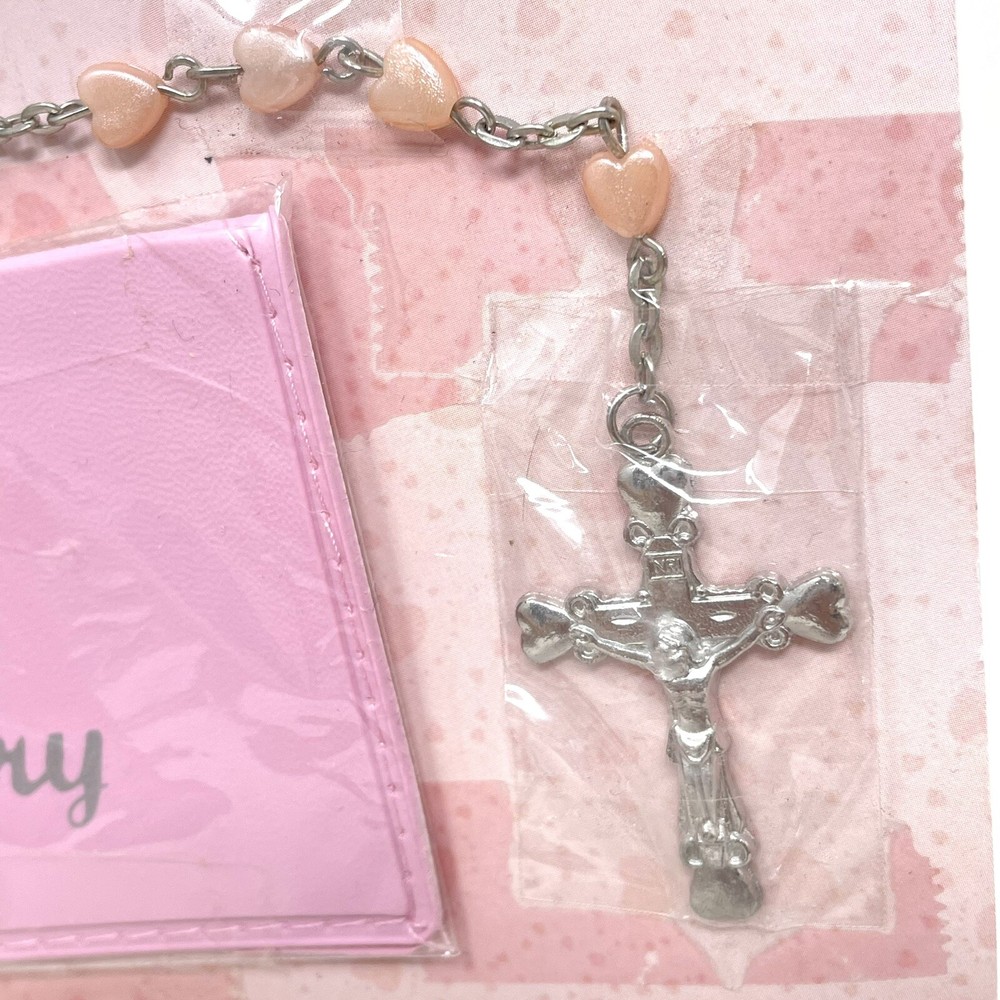 Catholic Rosary Pink Hearts Case Prayers Instructions Gift First Communion