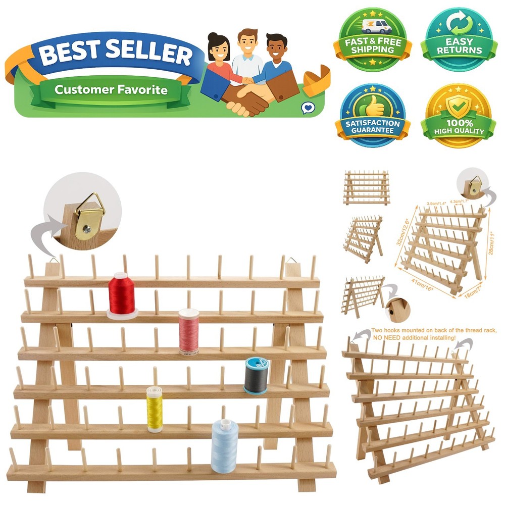 60 Spools Wooden Thread Rack/Thread Holder Organizer with Hanging Hooks for E...