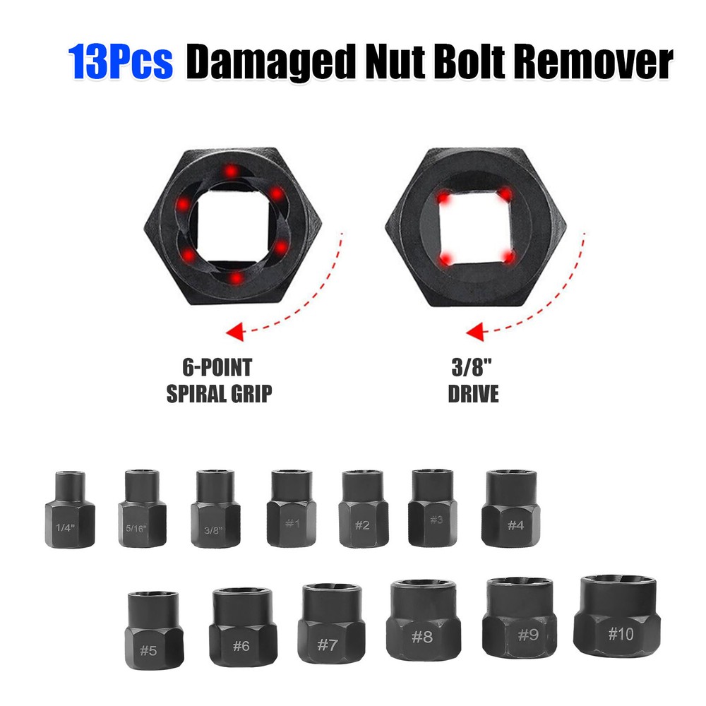 Impact Bolt Extractor Set Nut Remover Set Stripped Extraction Socket Tool 13pcs