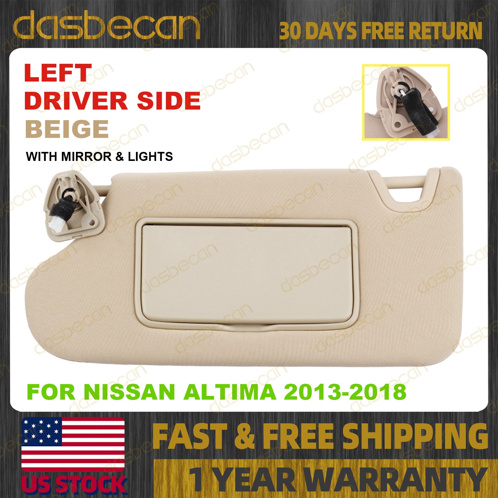 Beige Left Driver Side Sun Visor w/ Light For Nissan Altima 2013-2018 964013TA2A
