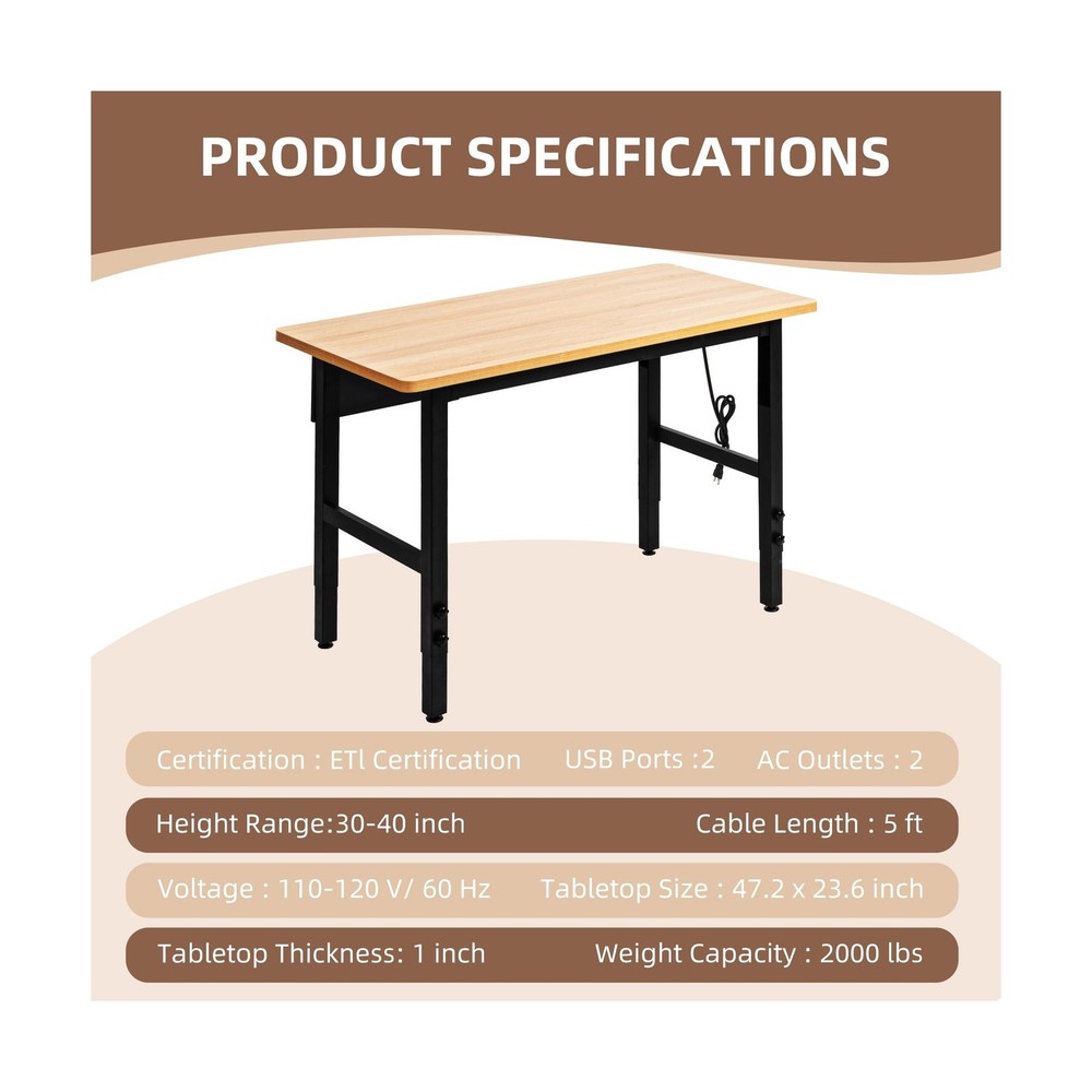 48" Adjustable Workbench with Power Outlets, Work Table for Garage, 2000 LBS ...
