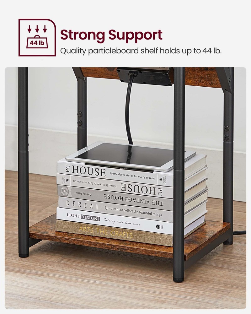 End Table Charging Station Small Side Table Nightstand USB Outlets Brown