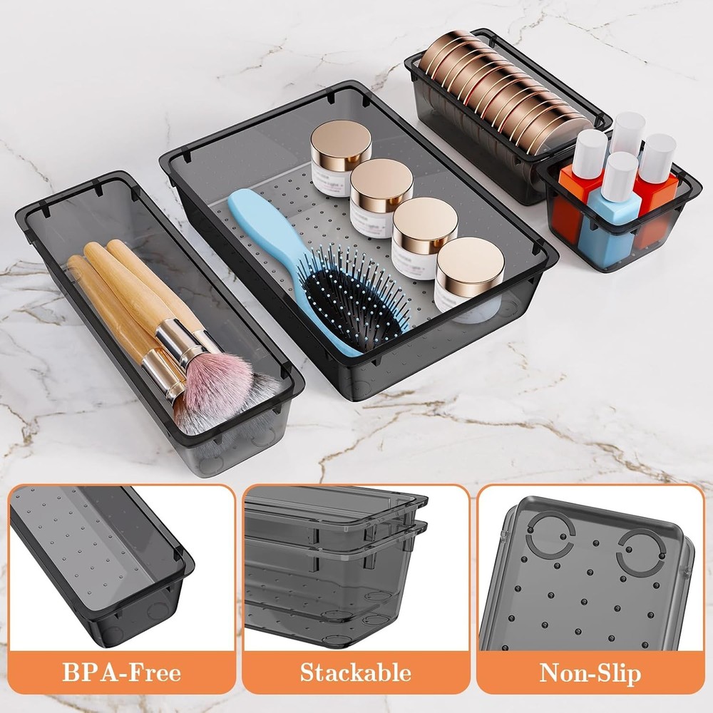 25 PCS Plastic Drawer Organizer Set, 4-Size Versatile Clear Black