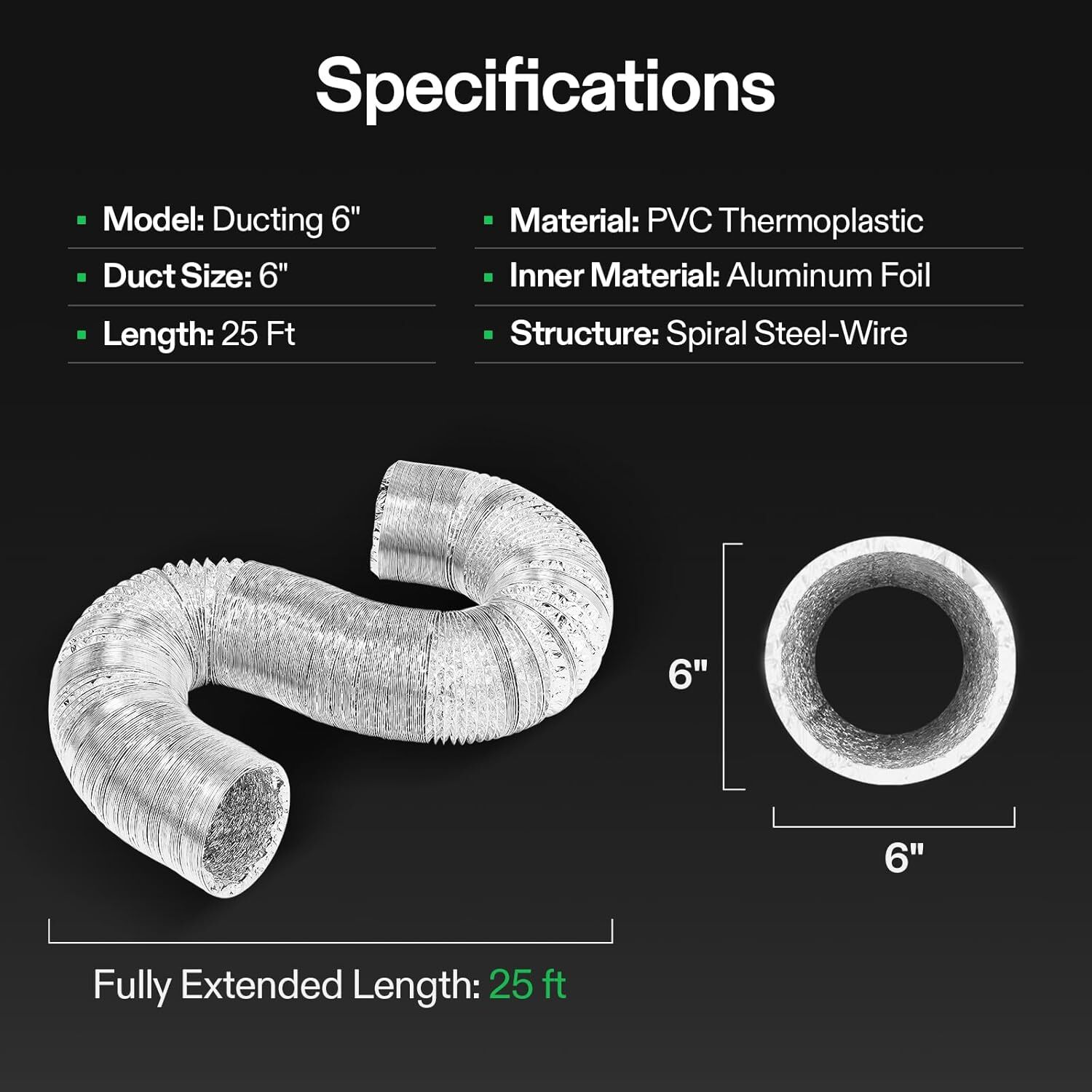 VIVOSUN 2 Pack 6"x25Ft Flex Air Aluminum Ducting Dryer Vent Hoses w/ Clamps