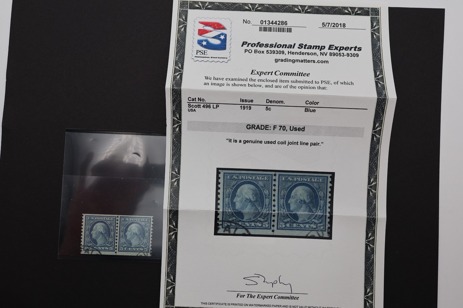 US SC# 496 LP CLP COIL LINE PAIR PSE GRADED F 70 USED SCARCE