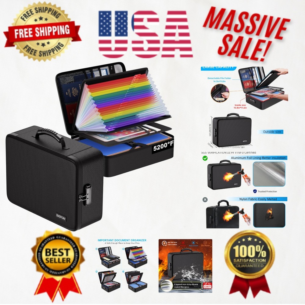 Fireproof Document Box with Lock - 5200℉ Water-Resistant Organizer, 25 Pocket...
