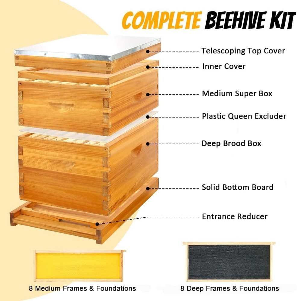 8-Frame Beehive Complete Bee Hive Boxes Starter Kit Dipped in Beeswax Include...
