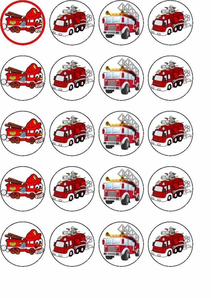 24 fire engine  edible rice paper cup cake toppers,