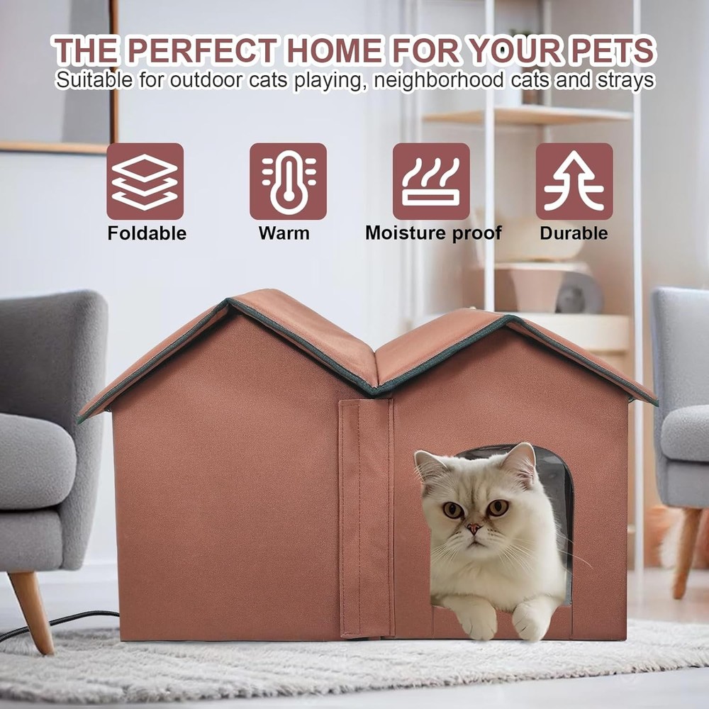 Large Adjustable Temperature Cat Heating Bed Indoor Heated Cat House w/Timer