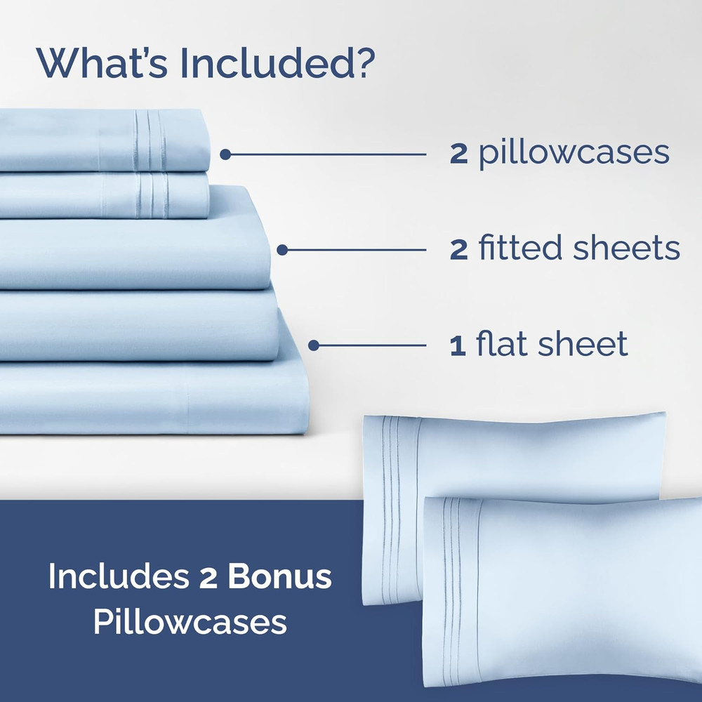 Sky Blue Split King Bed Sheet Set + 2 Extra Pillowcases - Deep Pockets