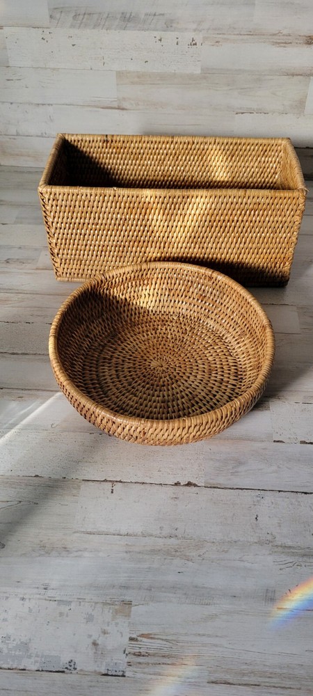 Pottery Barn Tava Handwoven Rattan Rectangular Basket & Fruit Bowl
